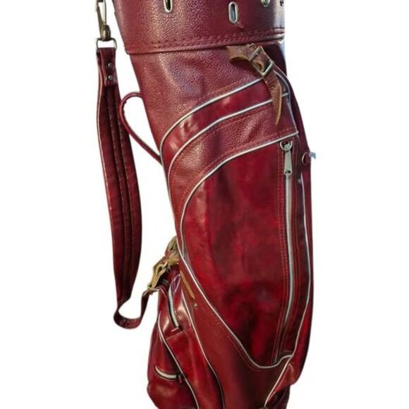 Vintage MacGregor Deep Wine Red Leather Golf Cart Bag w/ Carry Strap & Rain Hood - Picture 5 of 10
